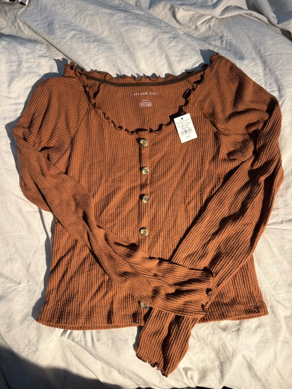American Eagle Outfitters Off-the-Shoulder Ribbed Button Sweater - Rust Brown